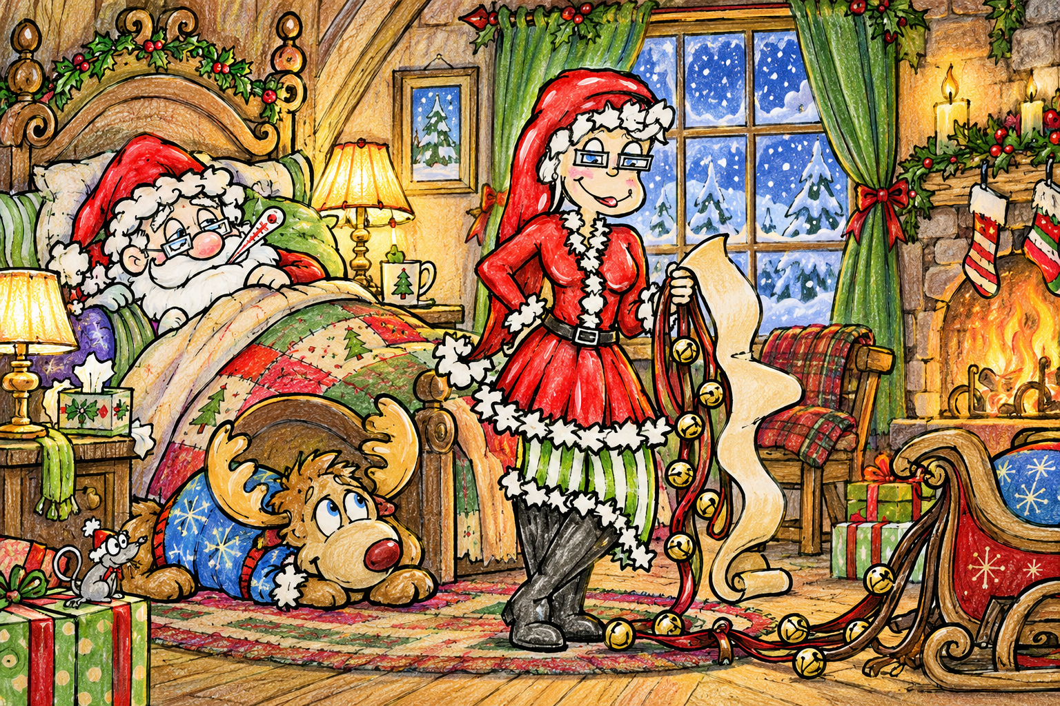 Mrs. Claus preparing the sleigh at the North Pole.